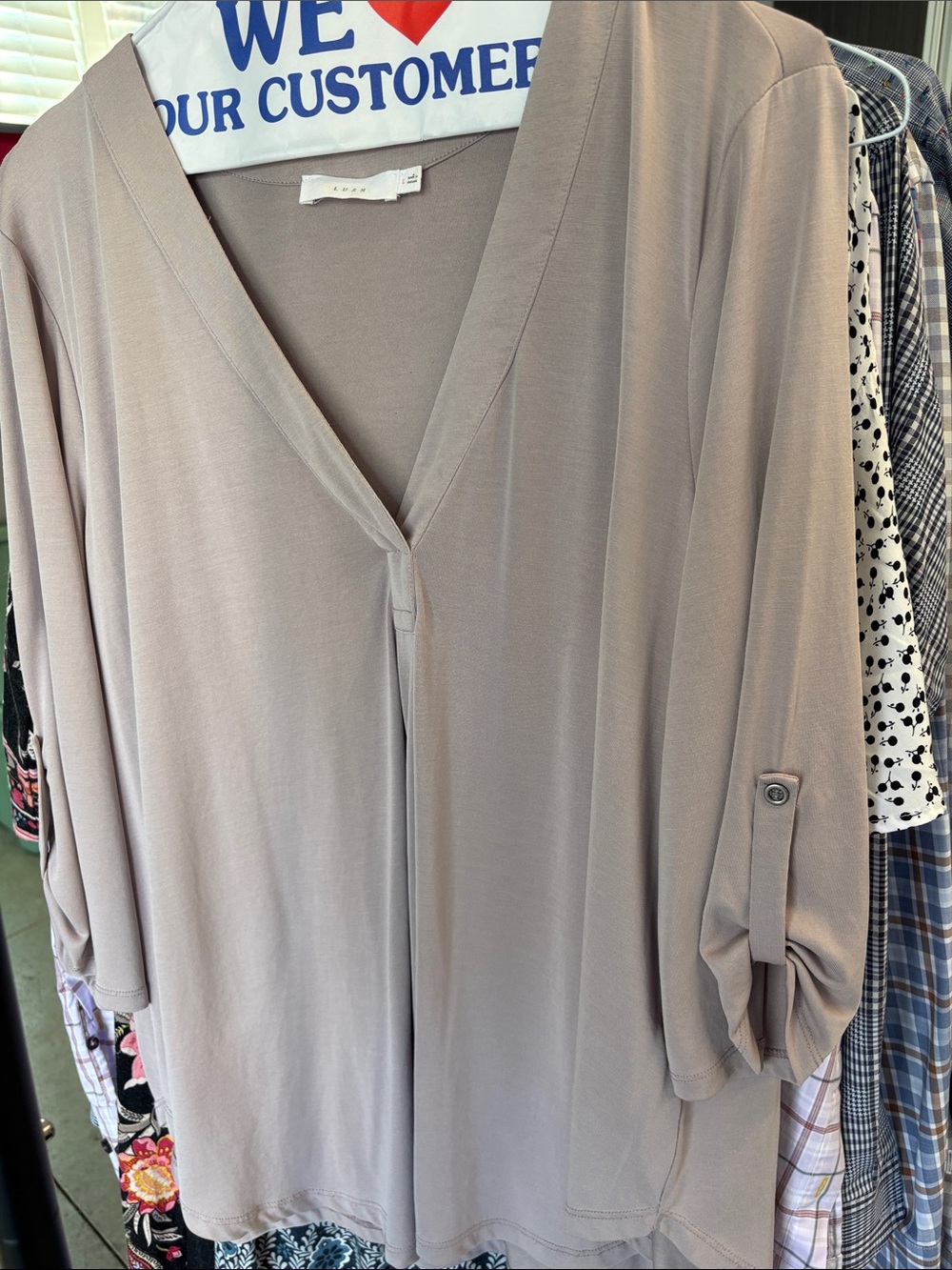 Lush Taupe V-Neck Roll-Sleeve Tunic